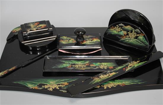 A Chinese Fuzhou (Foochow) lacquer desk set, mid 20th century, the blotter pad holder 45cm wide